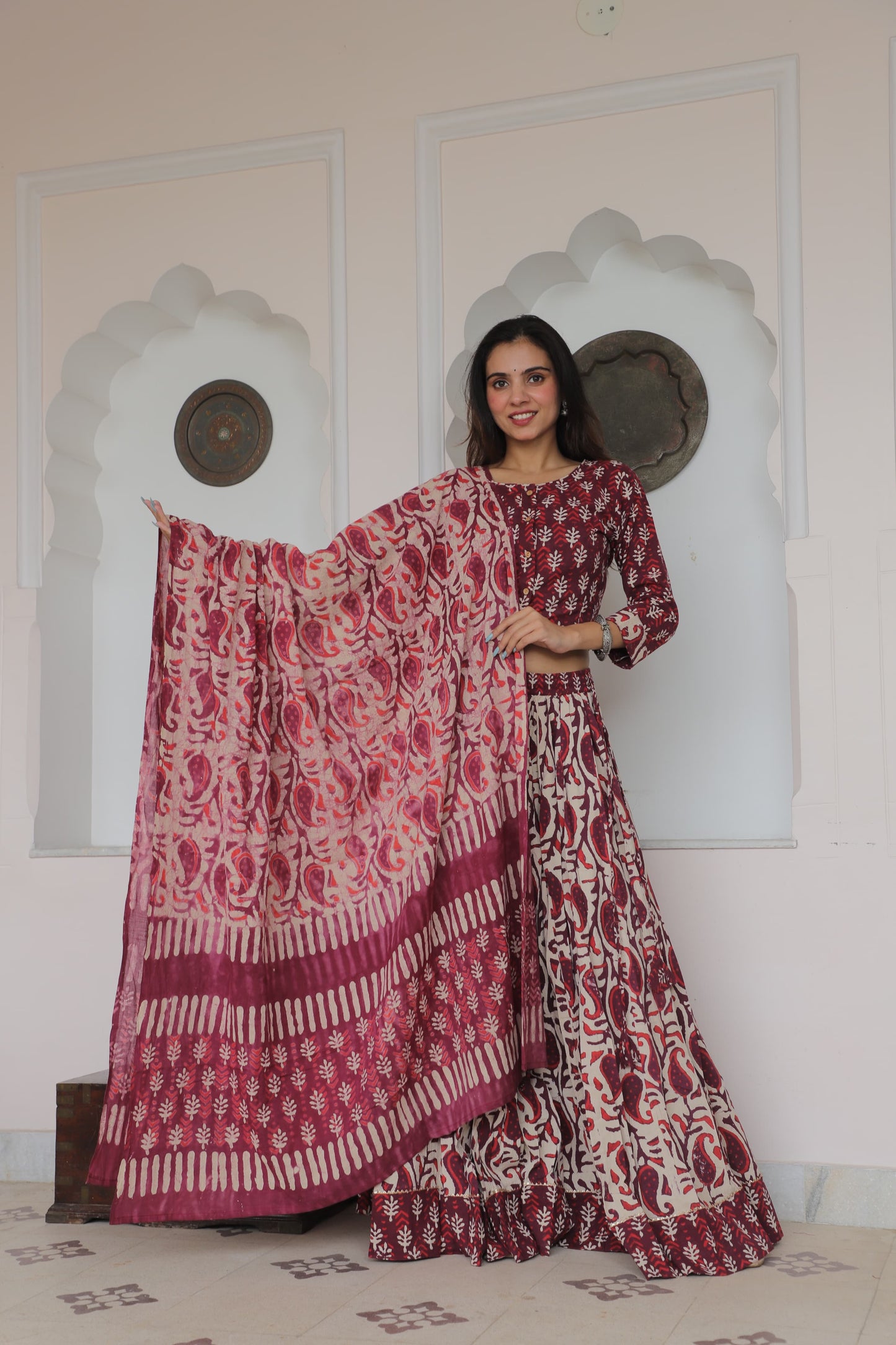 Maroon and Beige Hand Block Printed Cotton Lehenga Choli with Paisley Motifs