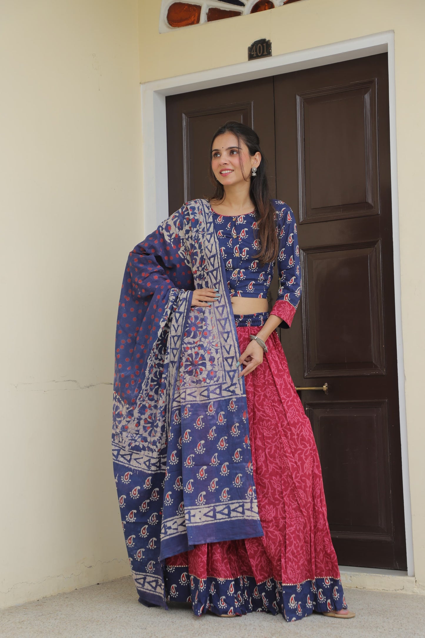 Indigo and Pink Mix & Match Hand Block Printed Cotton Lehenga Set