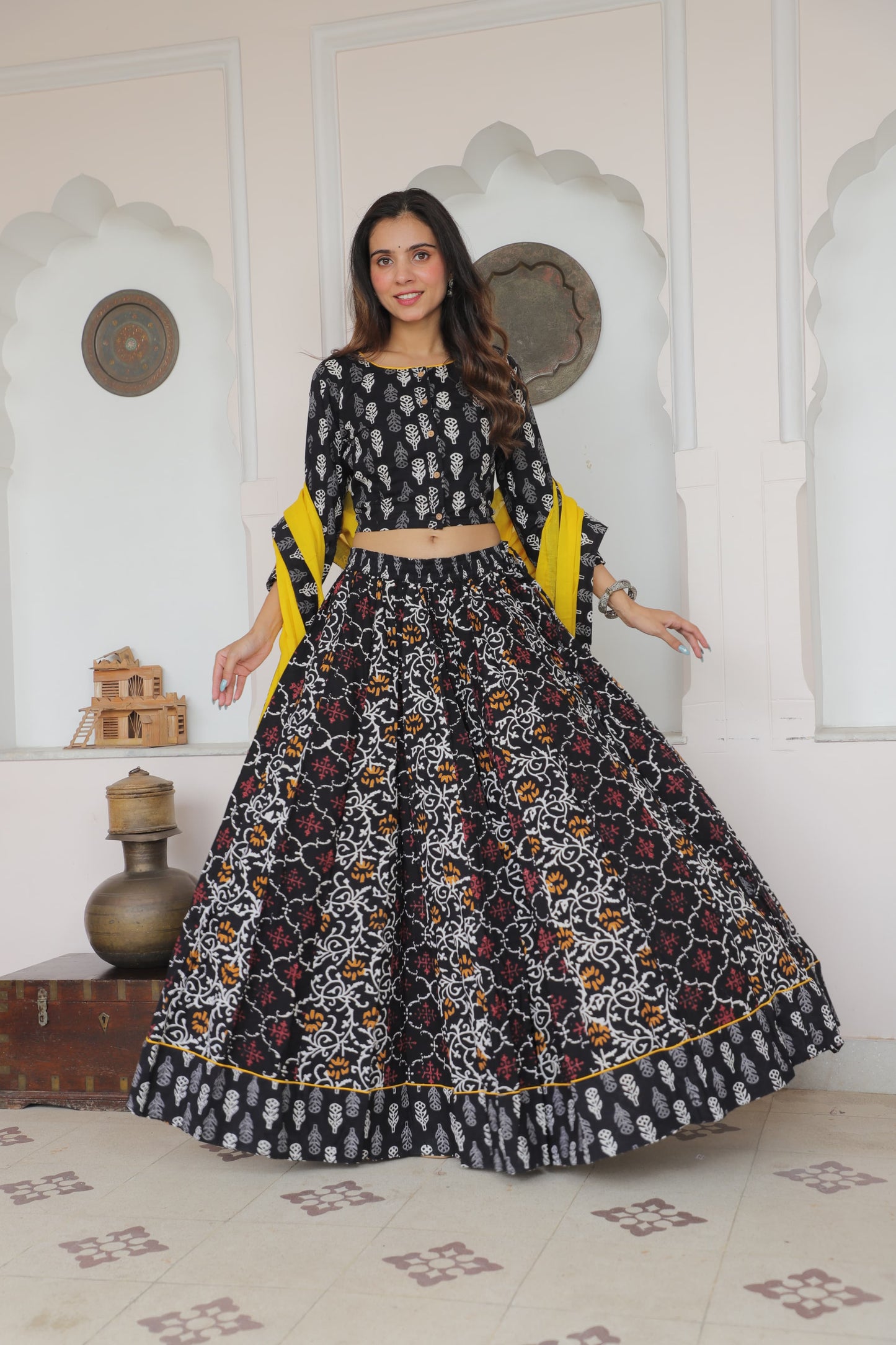 Black Hand Block Printed Cotton Lehenga Choli with Multicolor Jaal Print and Contrasting Yellow Dupatta