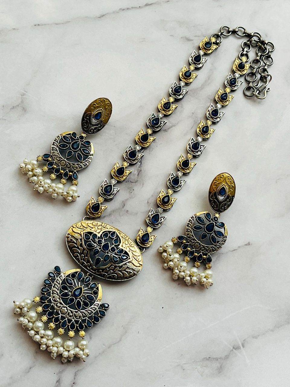 Antique Blue Enamel Necklace Set with Pearl Drops