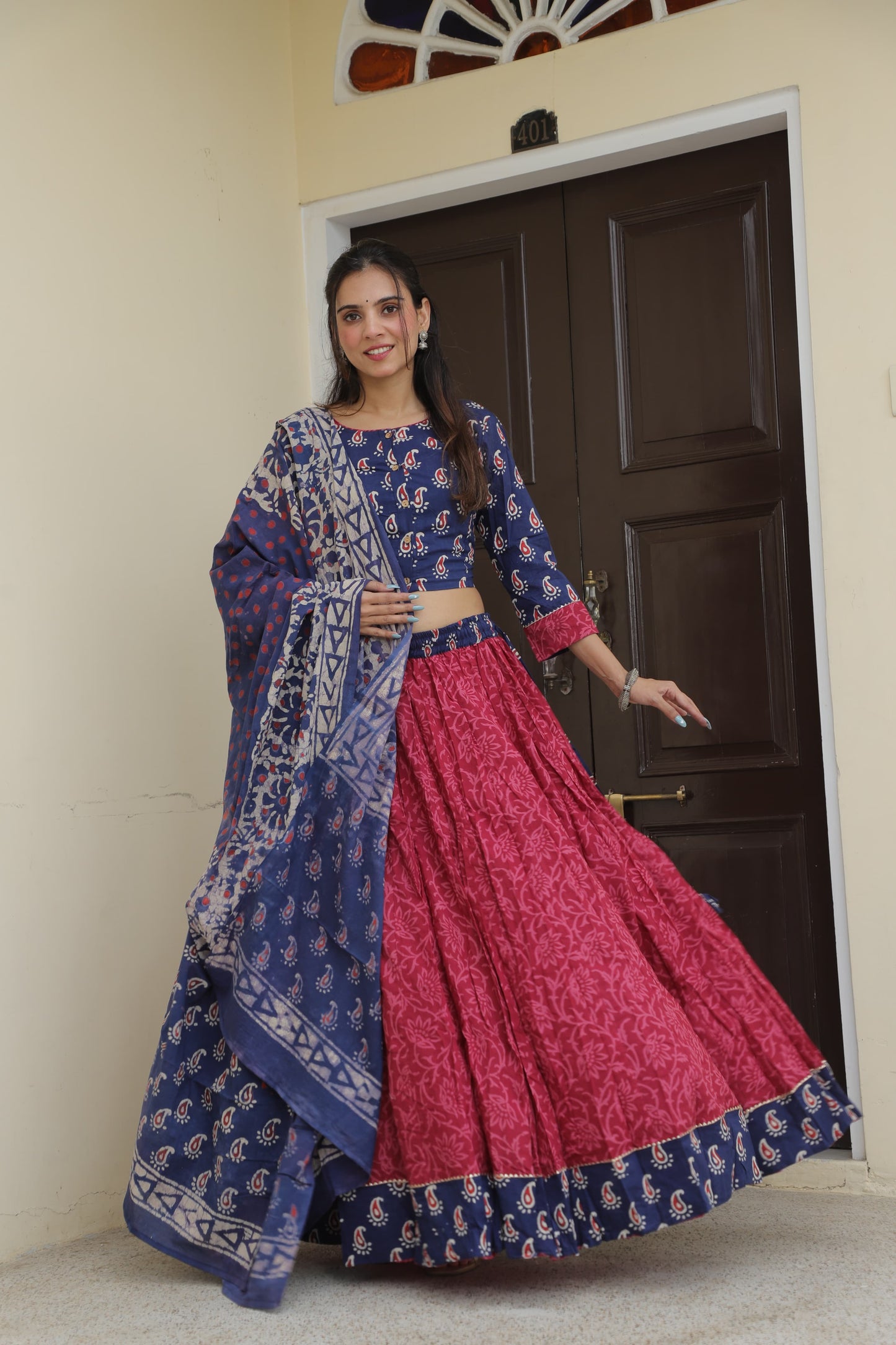 Indigo and Pink Mix & Match Hand Block Printed Cotton Lehenga Set