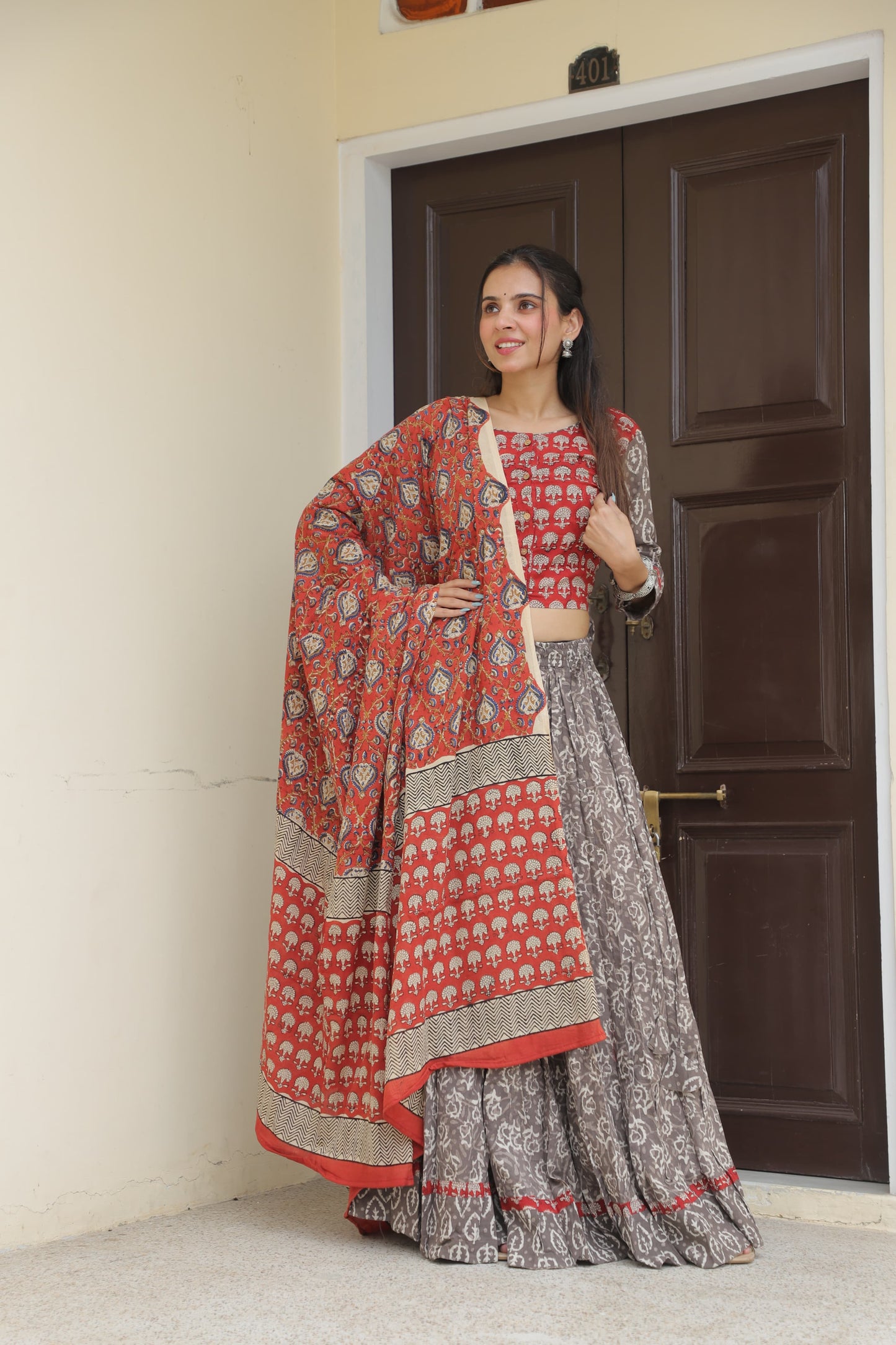 Grey and Red Mix & Match Hand Block Printed Cotton Lehenga Set with Paisley Dupatta