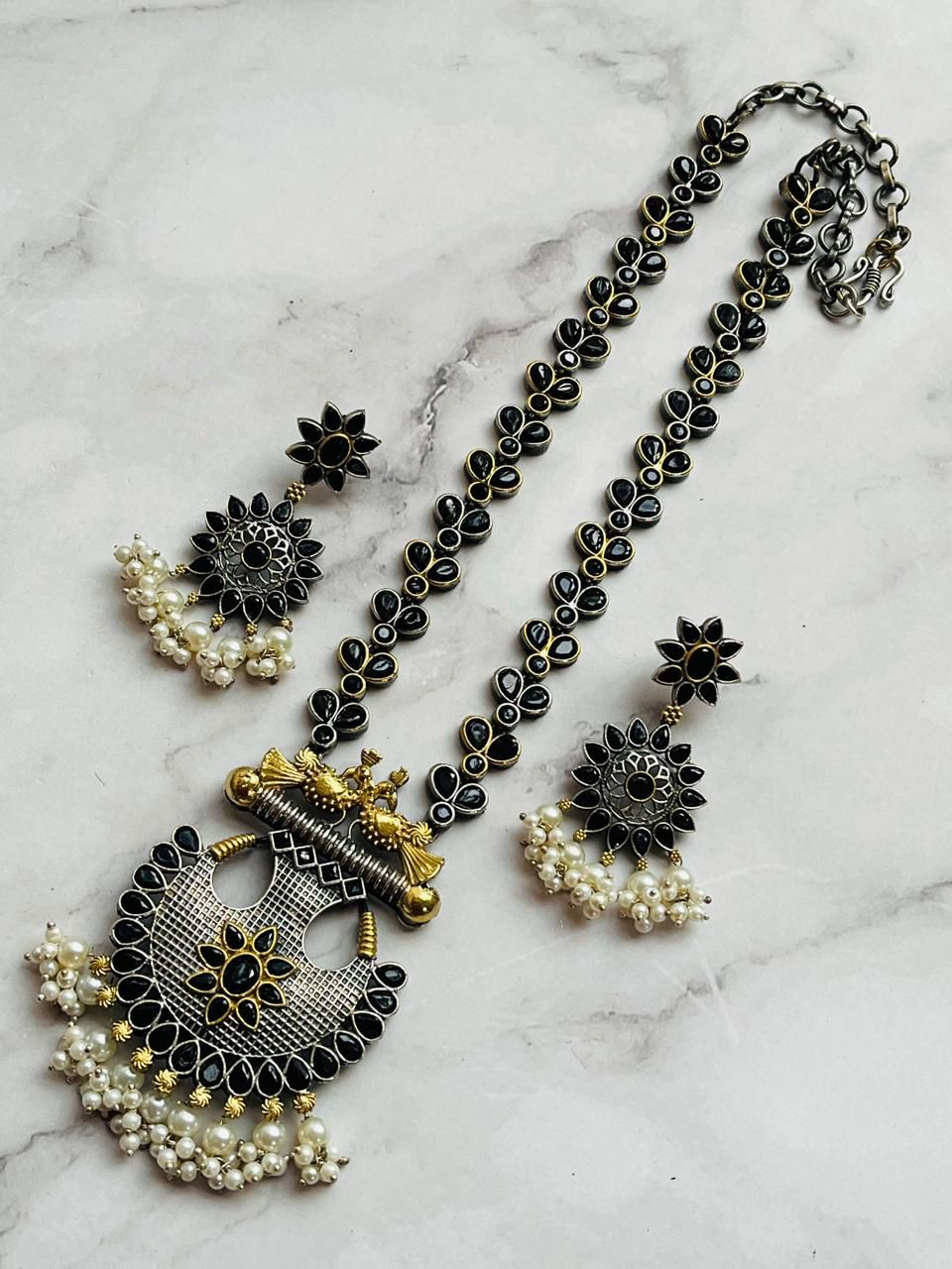 Oxidized Temple Pendant Set with Pearl Drops – Antique Black & Gold Finish
