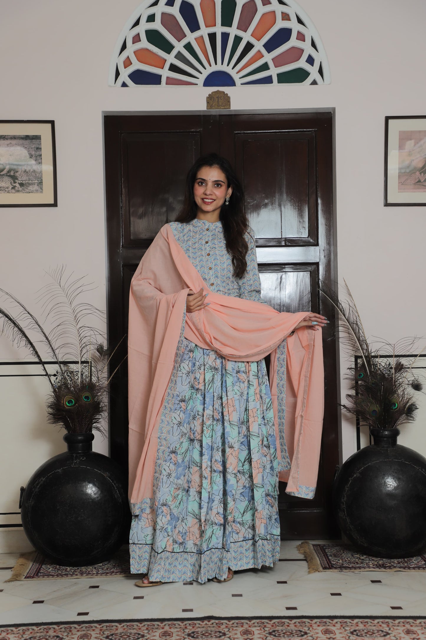Pastel Blue and Peach Floral Print Cotton Anarkali Gown with Geometric Yoke and Solid Dupatta