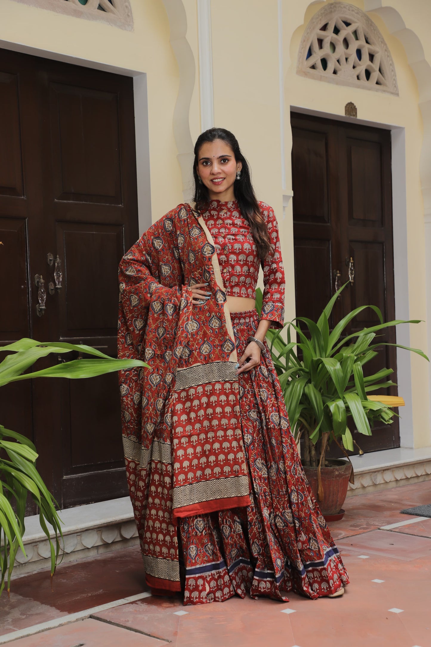 Red and Indigo Hand Block Printed Cotton Lehenga Set with Paisley and Tree Motifs