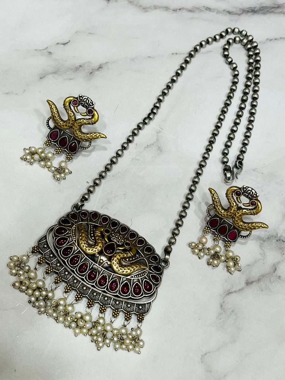 Antique Lakshmi Pendant Necklace Set with Ruby Stones & Pearl Drops