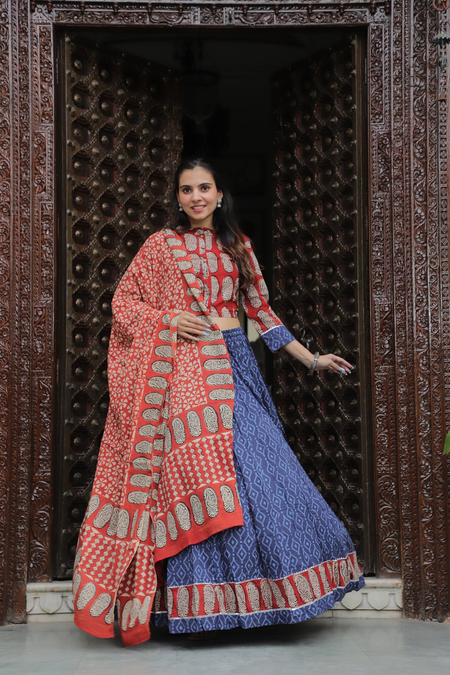 Indigo Blue and Red Hand Block Printed Cotton Lehenga Choli with Contrasting Paisley Motifs