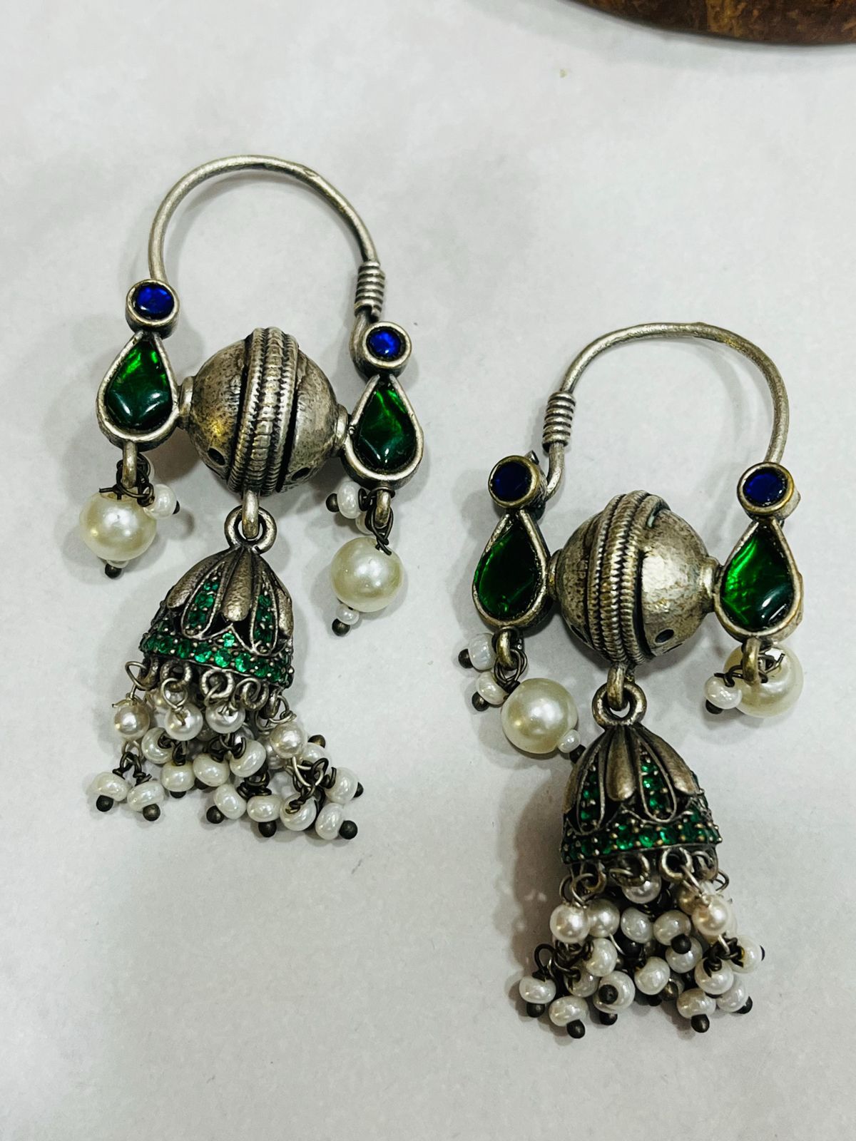 Antique Oxidized Green Jhumka Earrings with Beaded Pearl Drops