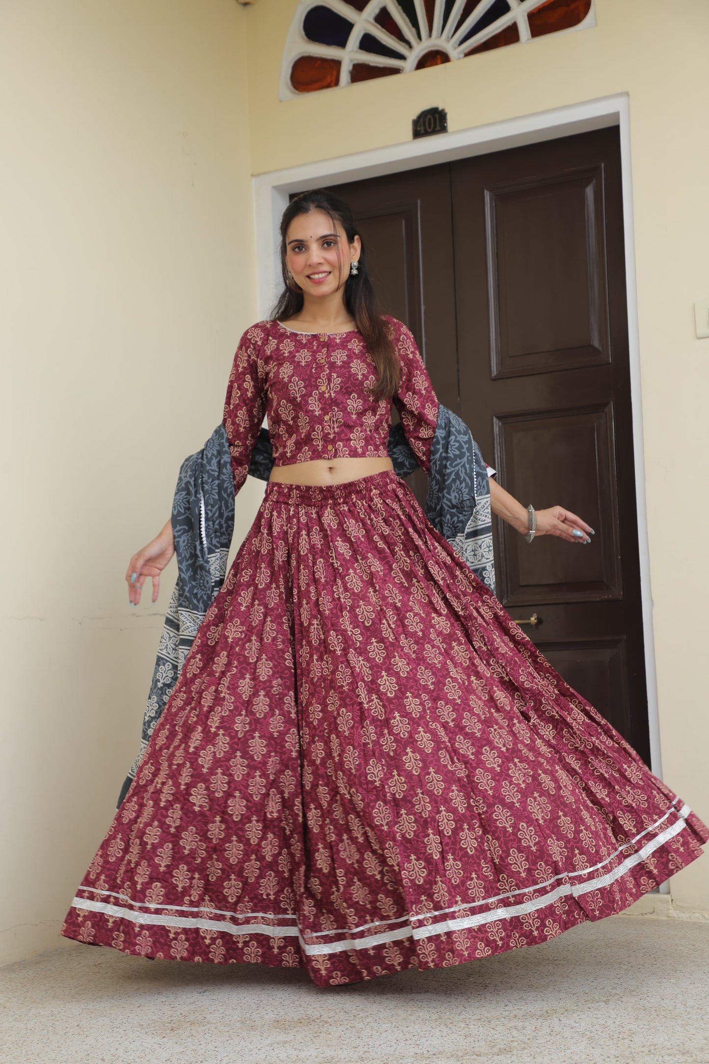 Maroon Hand Block Printed Cotton Lehenga Choli with Contrasting Grey Dupatta and Gota Patti Border