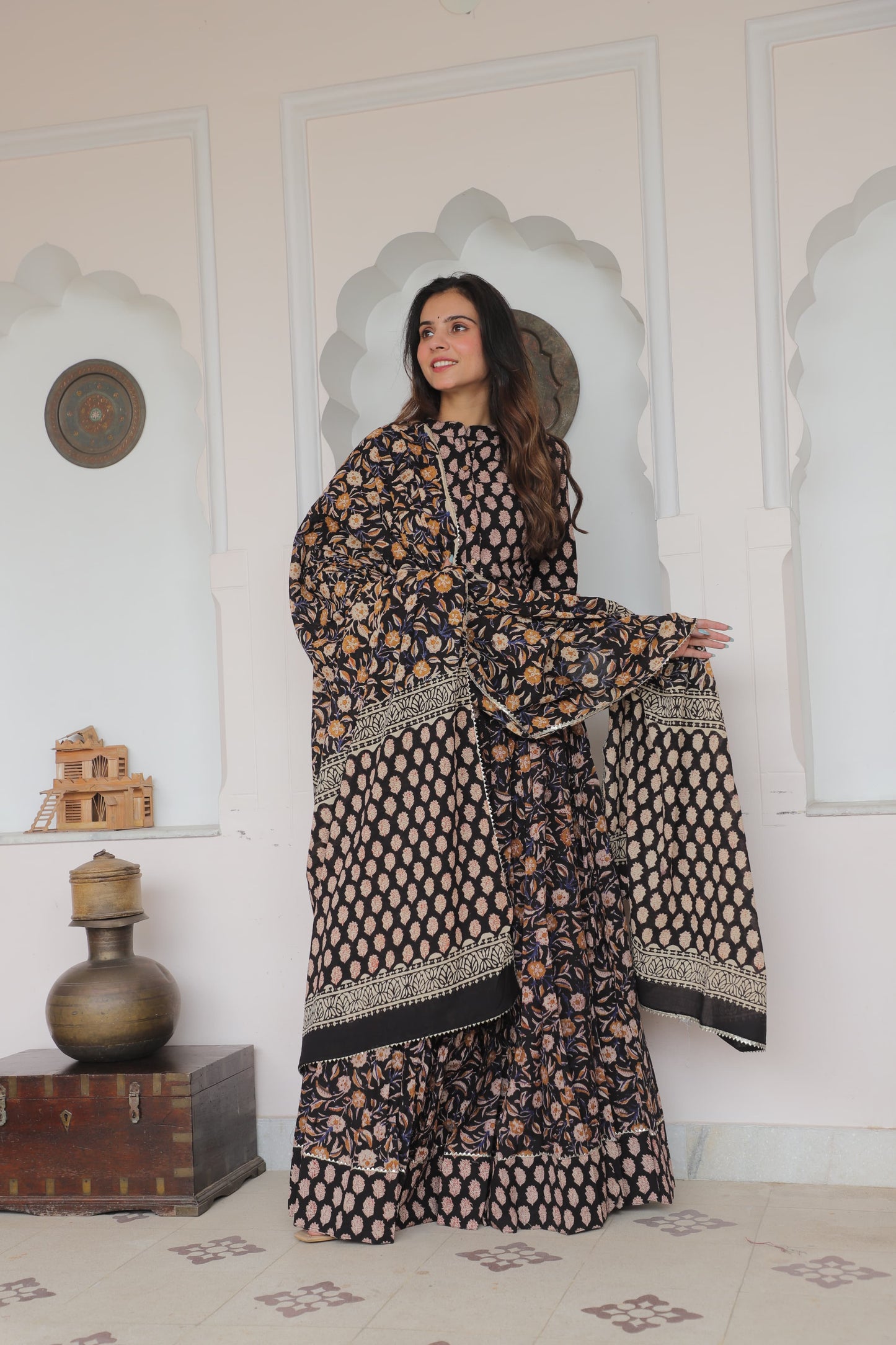 Black Hand Block Printed Cotton Anarkali Gown with Floral Jaal Print and Dupatta