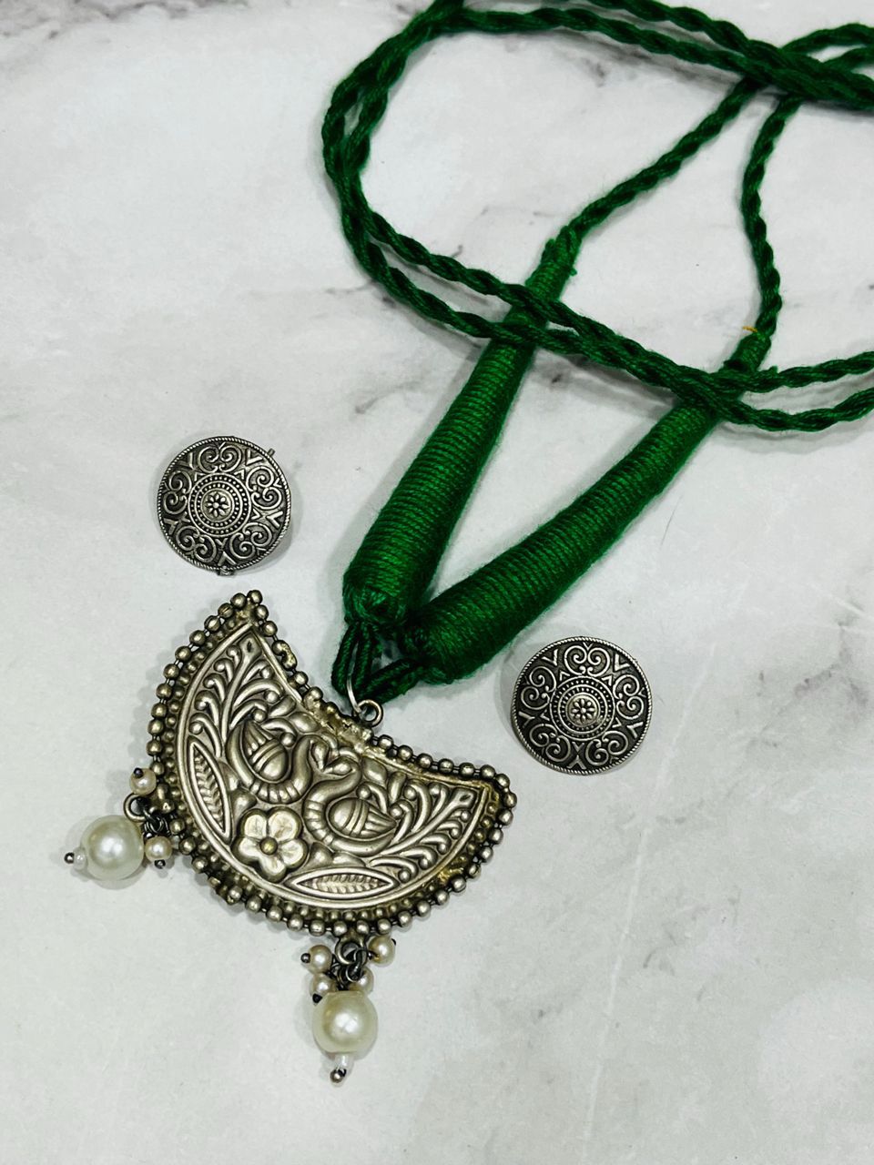 Oxidised Half-Moon Pendant Necklace with Green Thread & Pearl Drops
