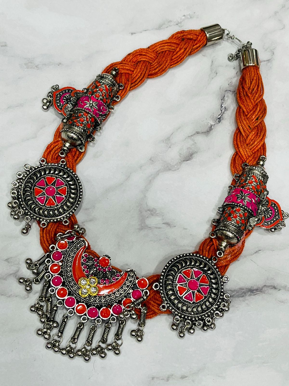Boho Tribal Oxidised Necklace with Red Enamel Work & Braided Orange Thread