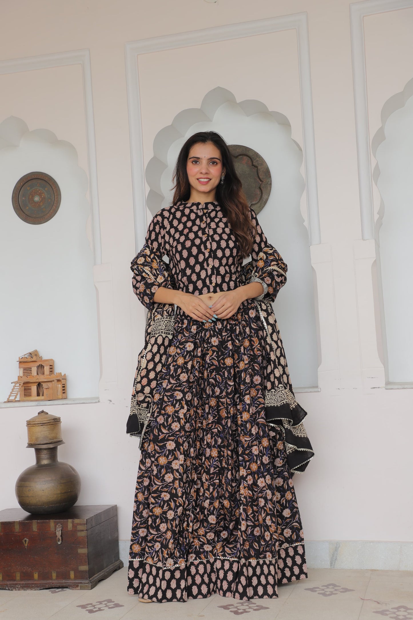 Black Hand Block Printed Cotton Lehenga Choli with Multicolor Floral Jaal and Dupatta