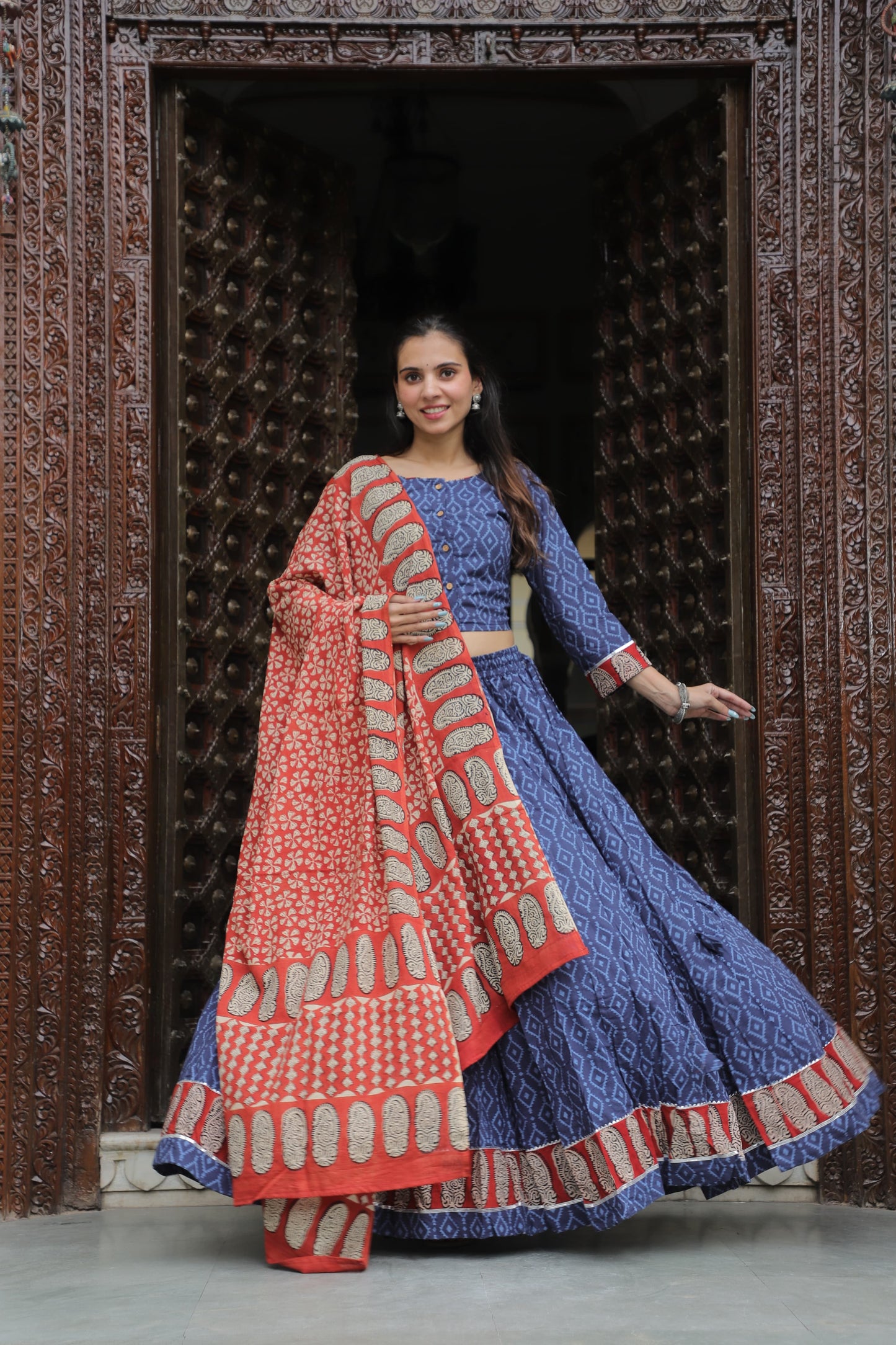 Indigo Blue Hand Block Printed Cotton Lehenga Choli with Contrasting Red Paisley Dupatta