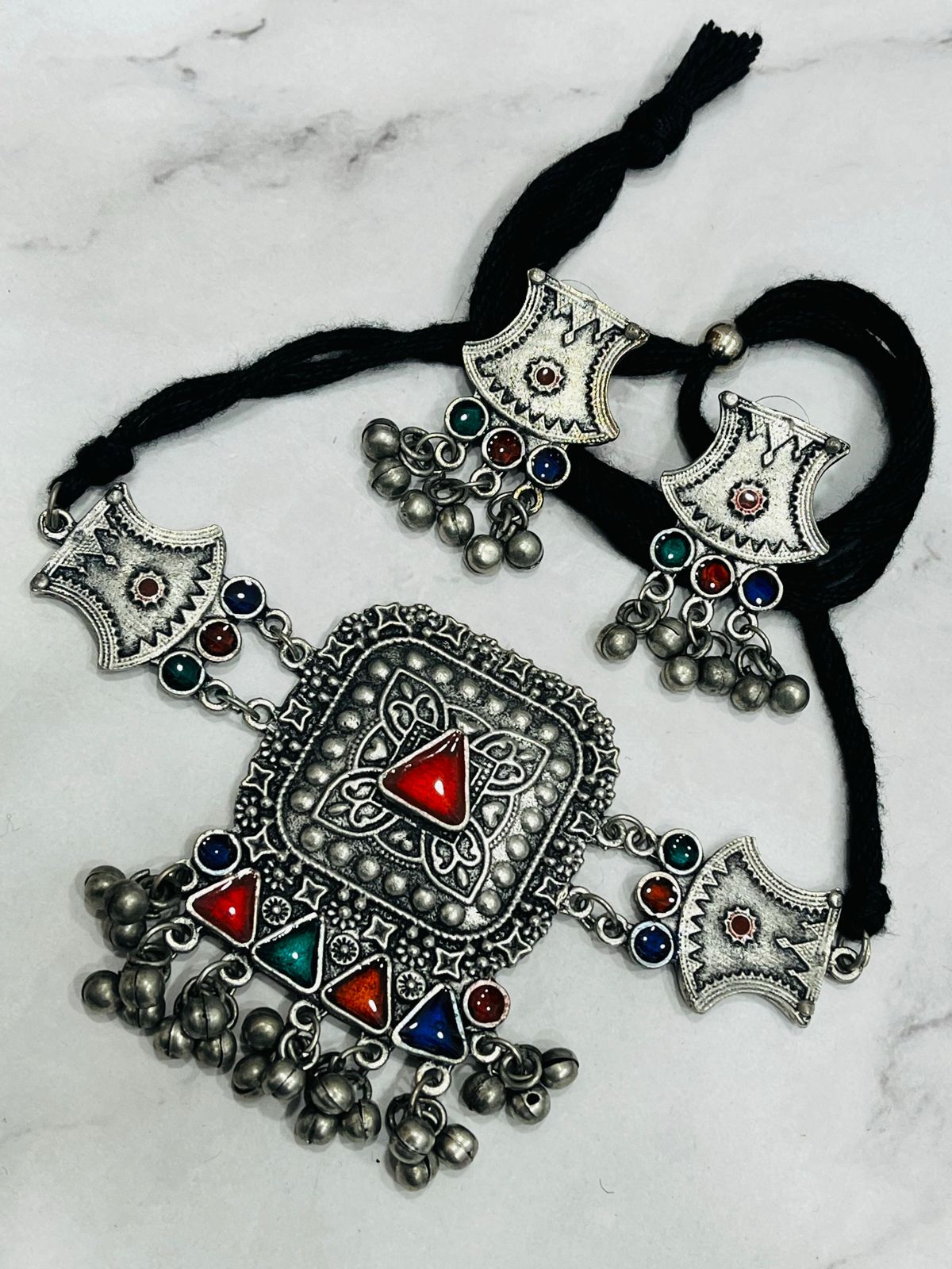 Tribal Oxidized Necklace Set with Black Thread & Multicolor Stonework (Includes Earrings)