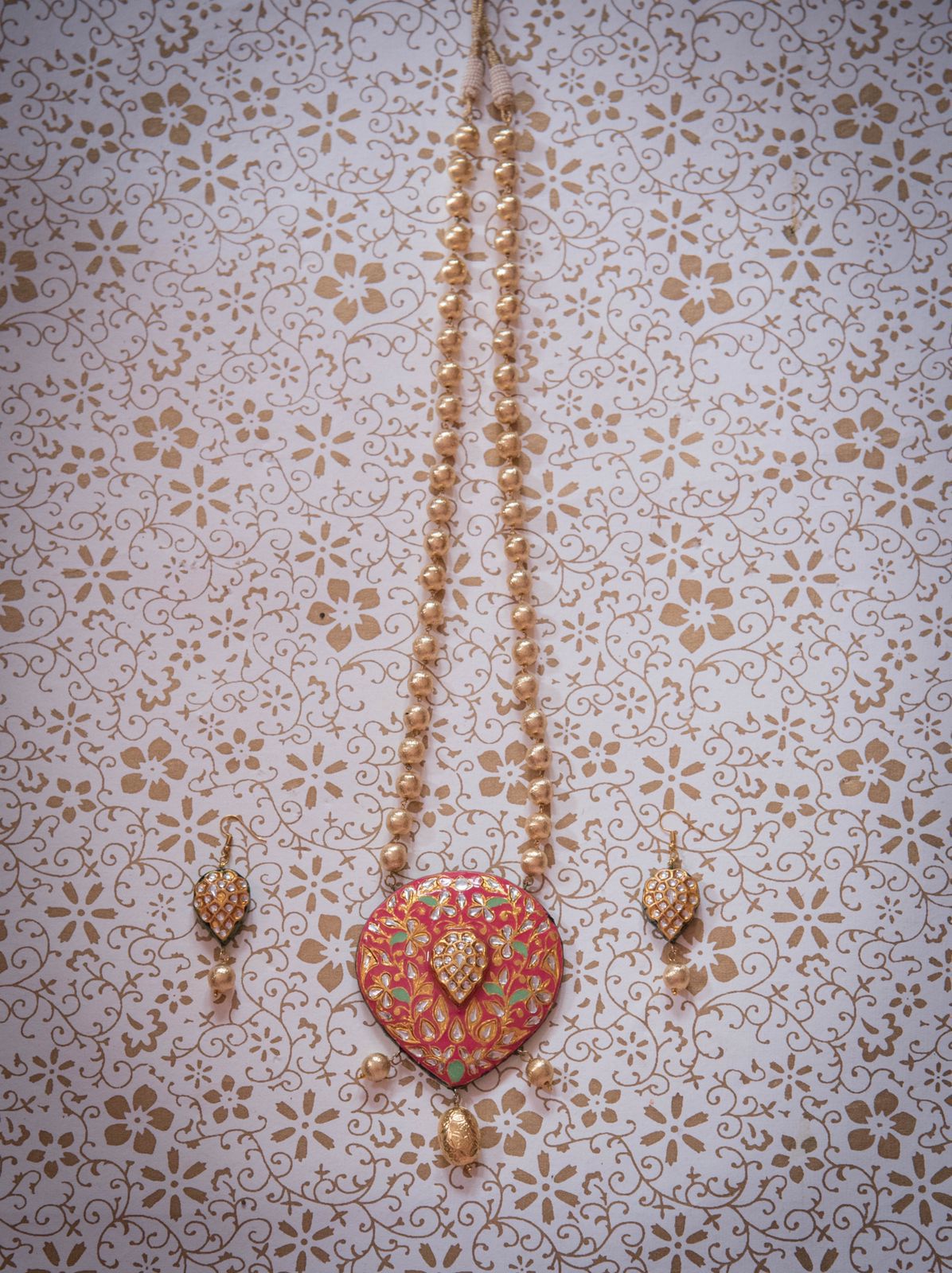 Red & Gold Handcrafted Meenakari Heart Pendant Necklace Set – Traditional Rajasthani Jewellery