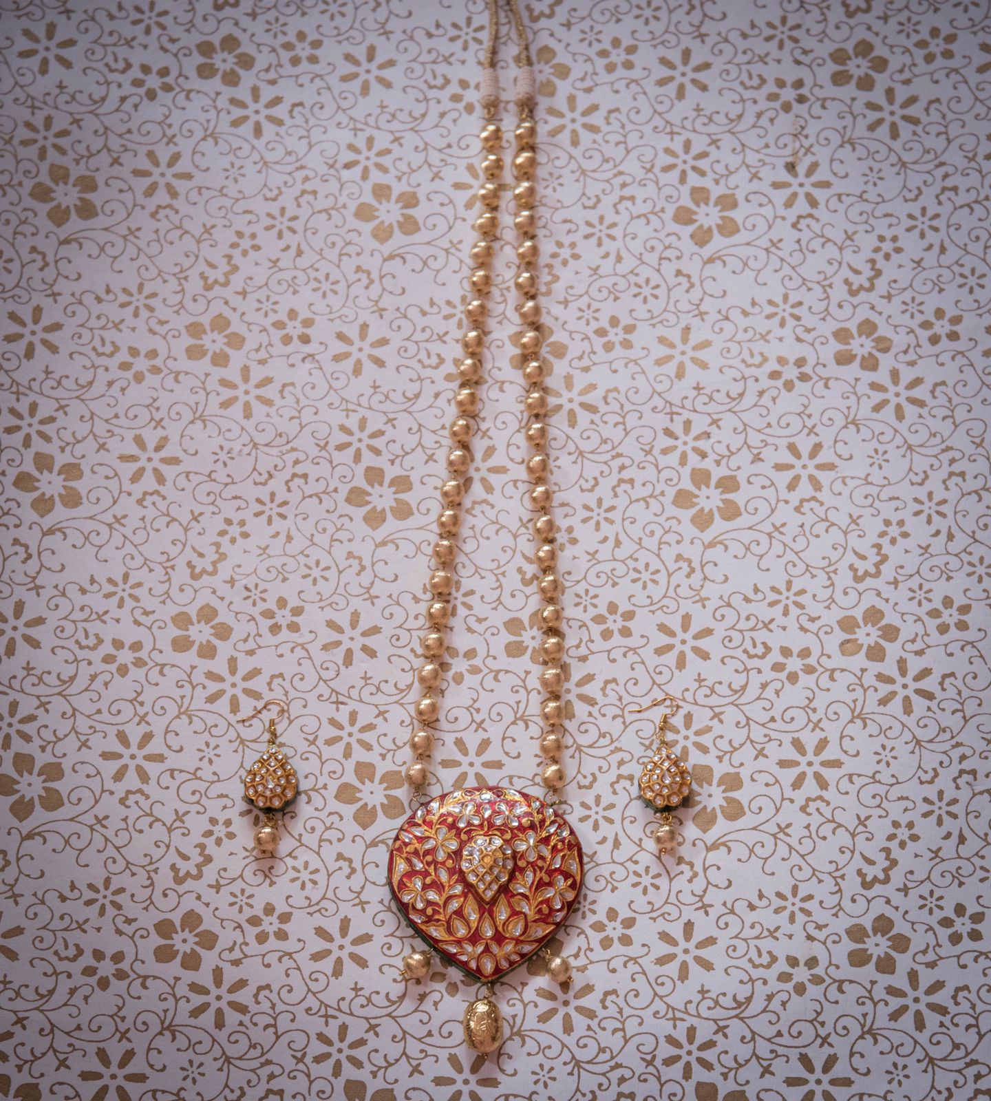 Red Meenakari Heart Pendant Necklace & Earrings Set – Traditional Handcrafted Rajasthani Jewellery with Pearls