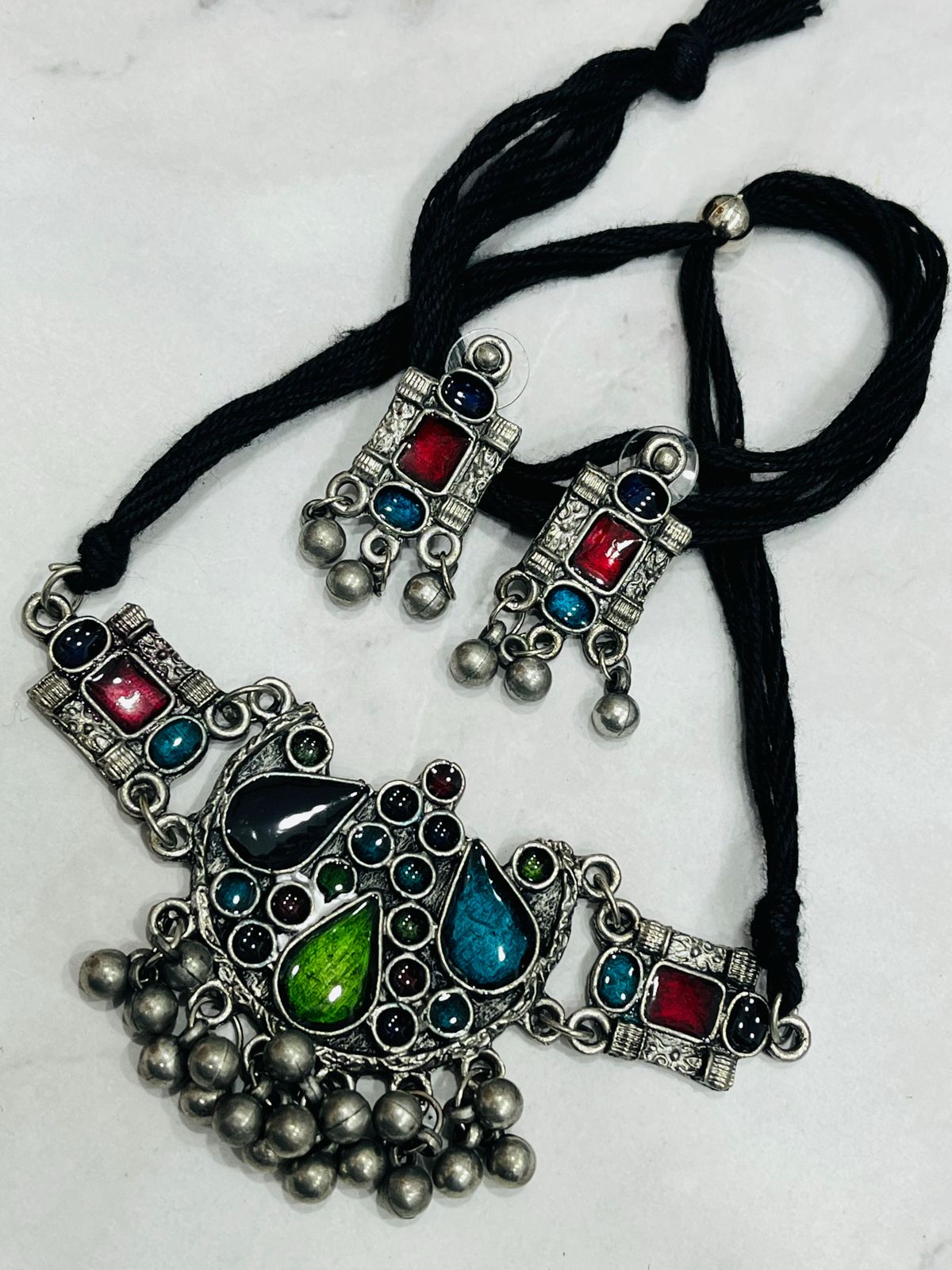 Boho Tribal Oxidized Necklace Set with Teardrop Stones & Black Thread (With Earrings)