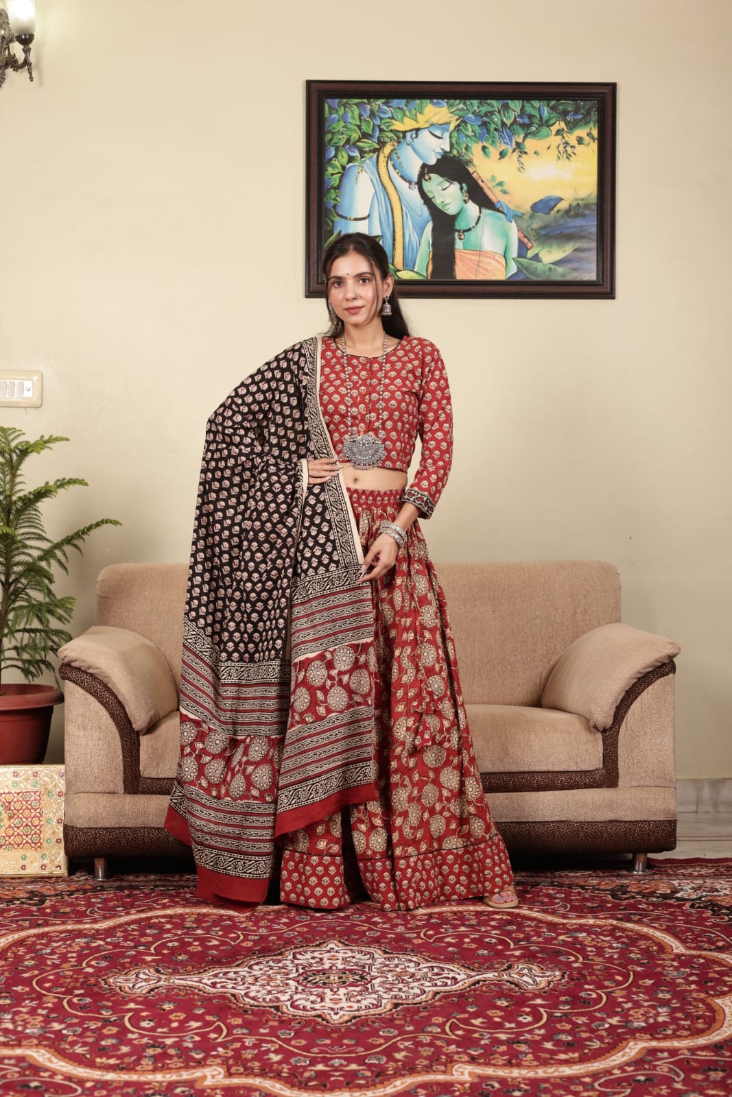 Red and Black Hand Block Print Cotton Lehenga Choli with Contrasting Dupatta