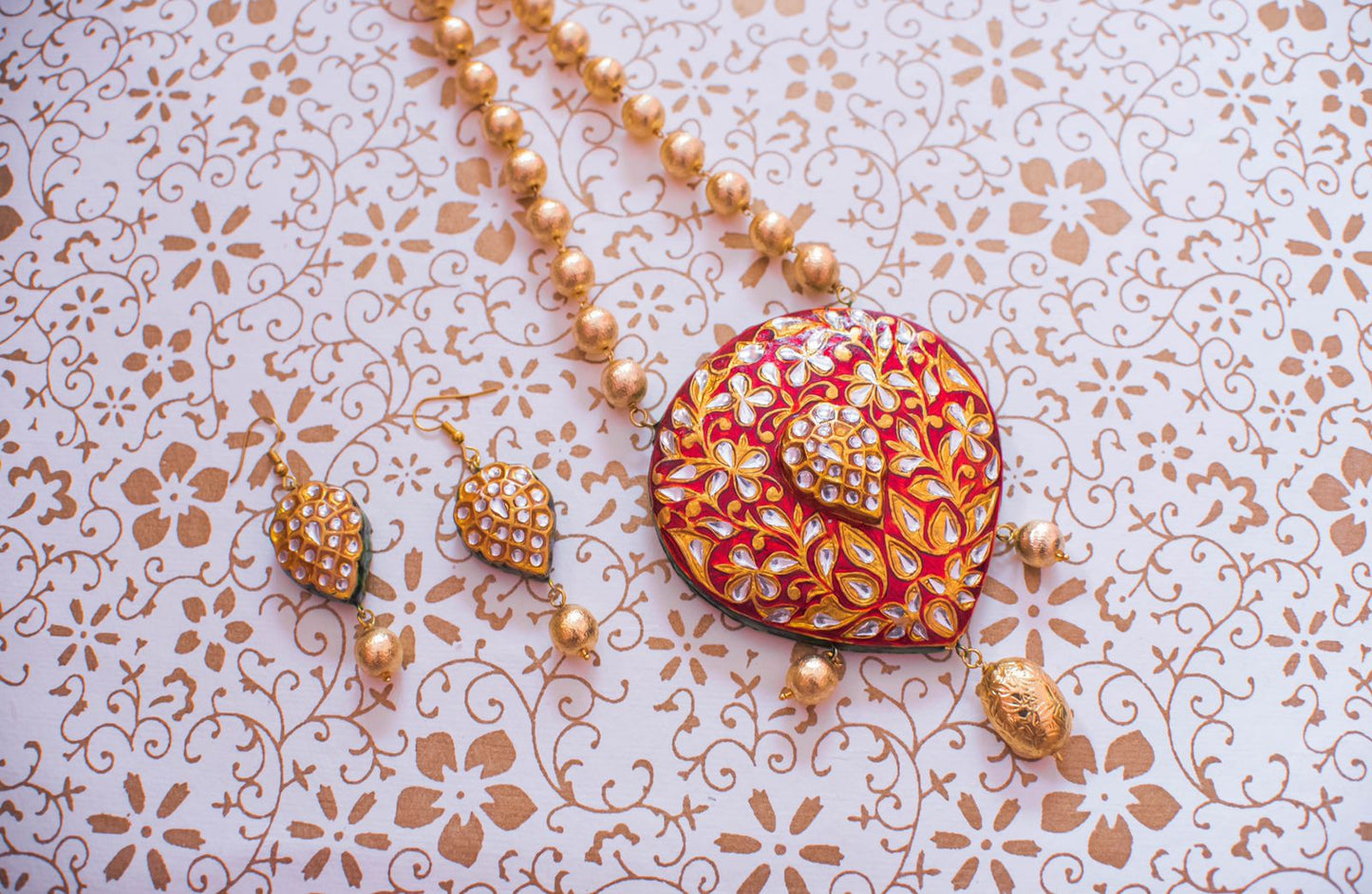 Red Meenakari Heart Pendant Necklace & Earrings Set – Handcrafted Traditional Rajasthani Jewellery