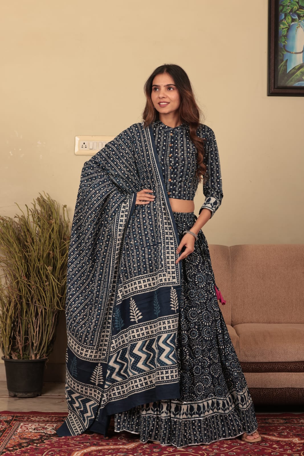 Indigo Hand Block Print Cotton Lehenga Set with Shirt-Style Choli and Dupatta