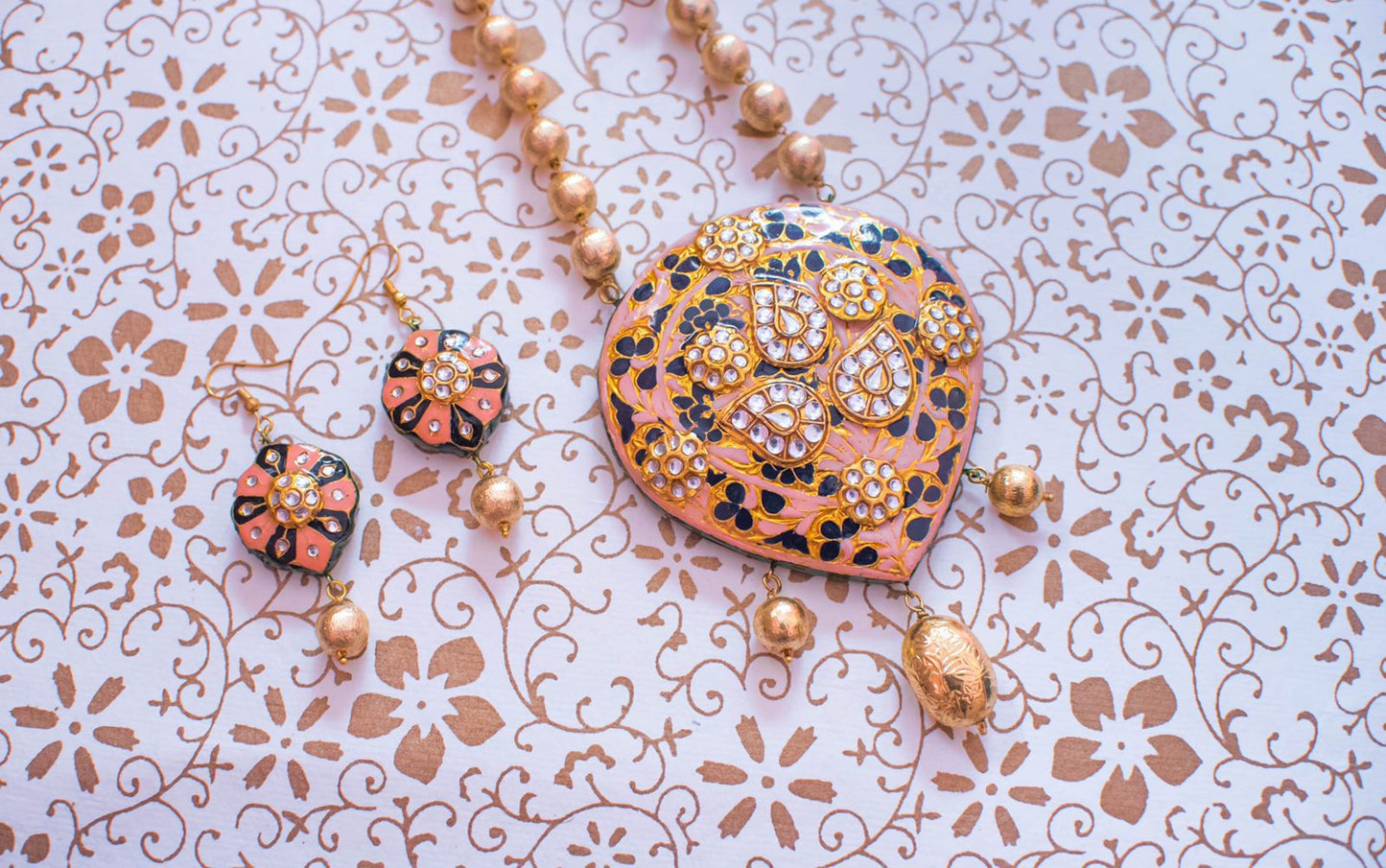 Pink & Black Meenakari Heart Pendant Necklace Set – Handcrafted Traditional Rajasthani Jewellery with Earrings