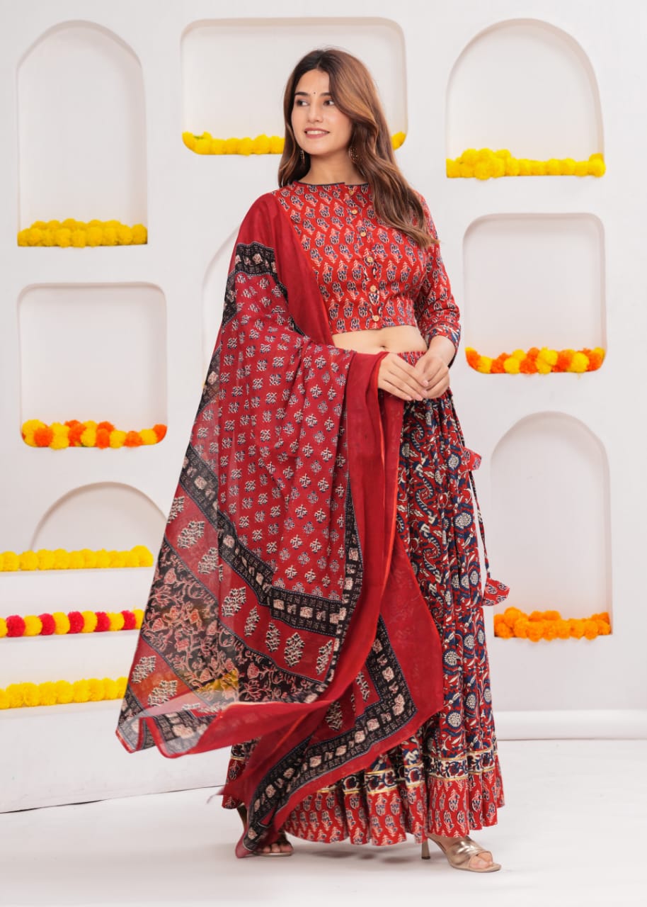 Red and Blue Mixed Block Print Cotton Lehenga Choli Set with Dupatta