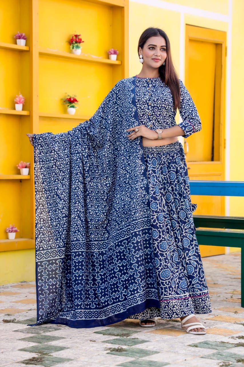 Indigo Hand Block Print Cotton Lehenga Choli Set with Contrasting Floral and Paisley Prints