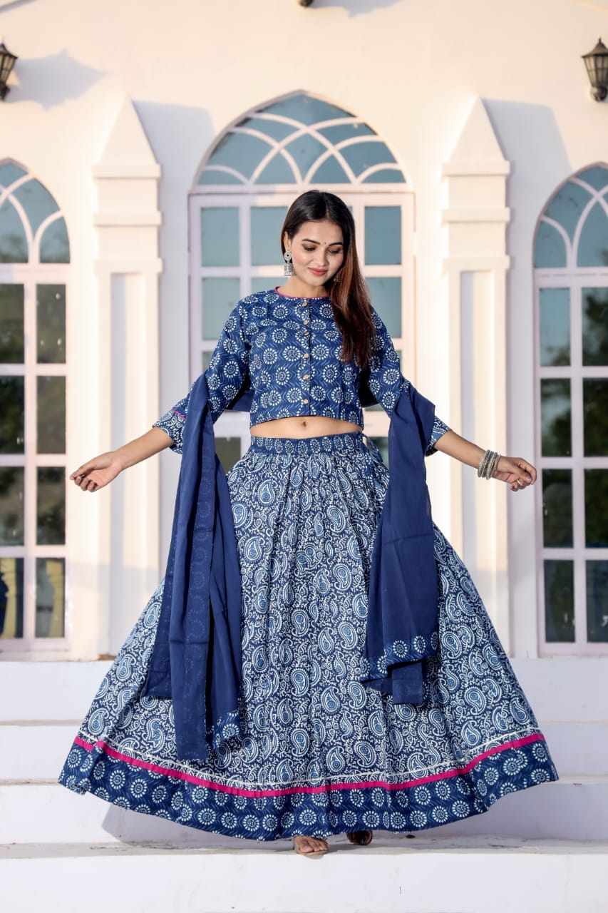 Indigo Hand Block Print Cotton Lehenga Set with Paisley Skirt, Buti Choli, and Dupatta
