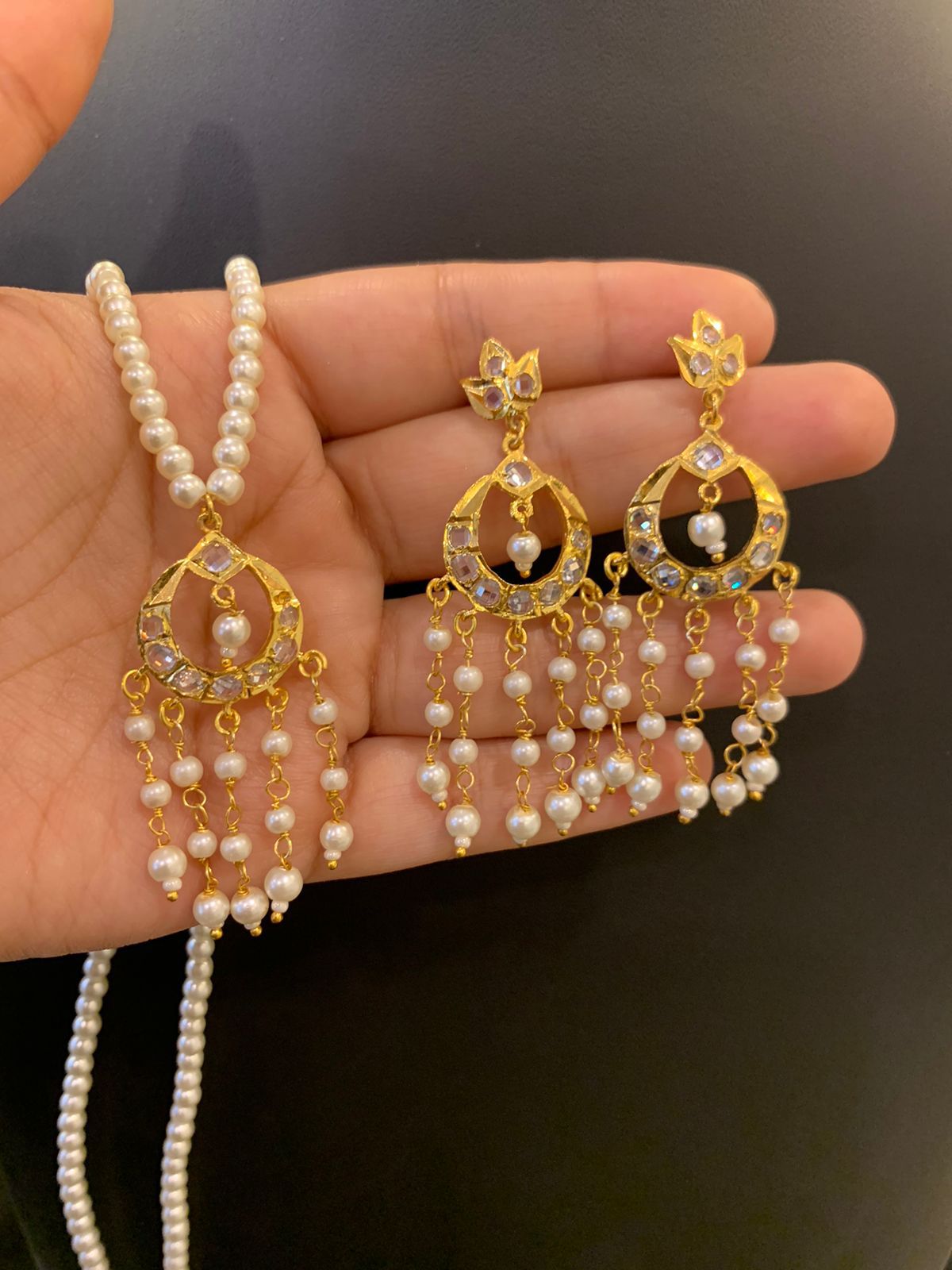 Pearl Dangler Necklace Set with Gold-Toned Floral Earrings