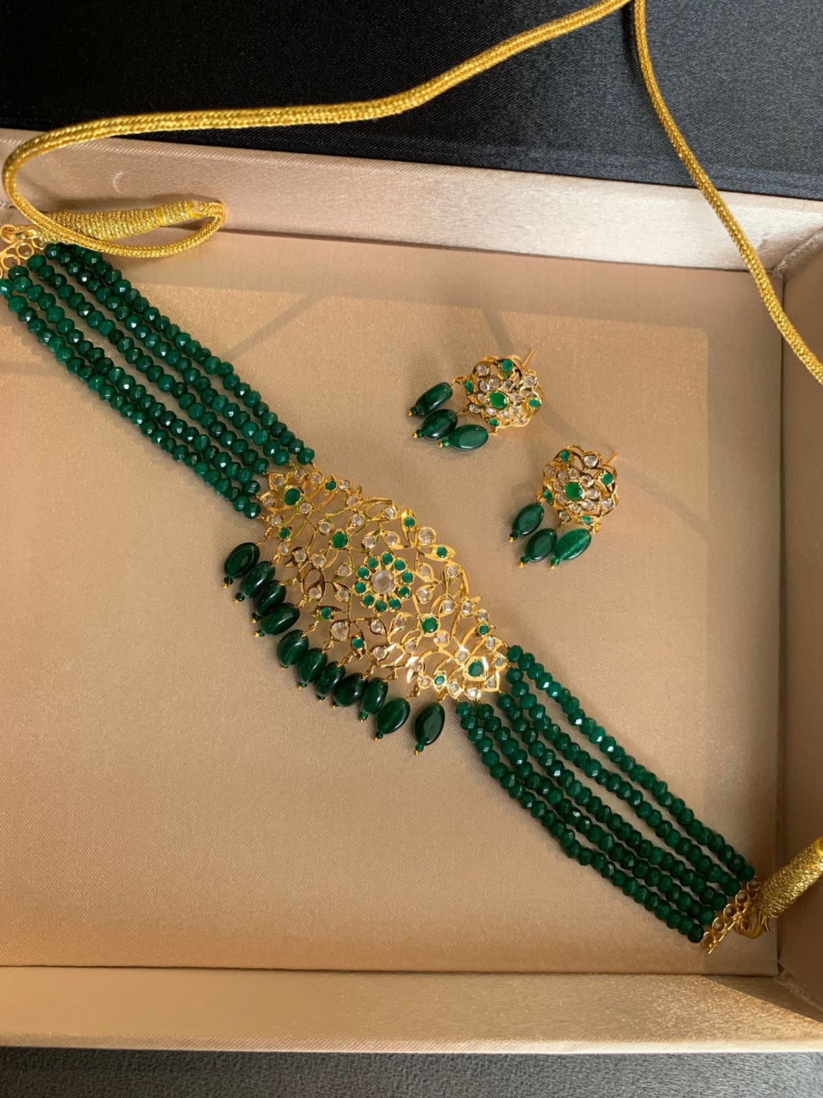 Green Beaded Choker Necklace Set with Gold-Toned Kundan Centerpiece and Earrings