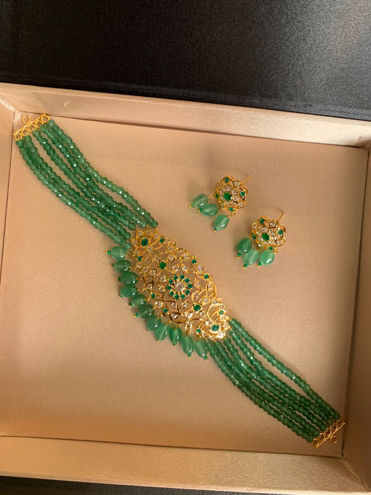 Mint Green Beaded Choker Necklace Set with Gold-Toned Kundan Centerpiece & Earrings