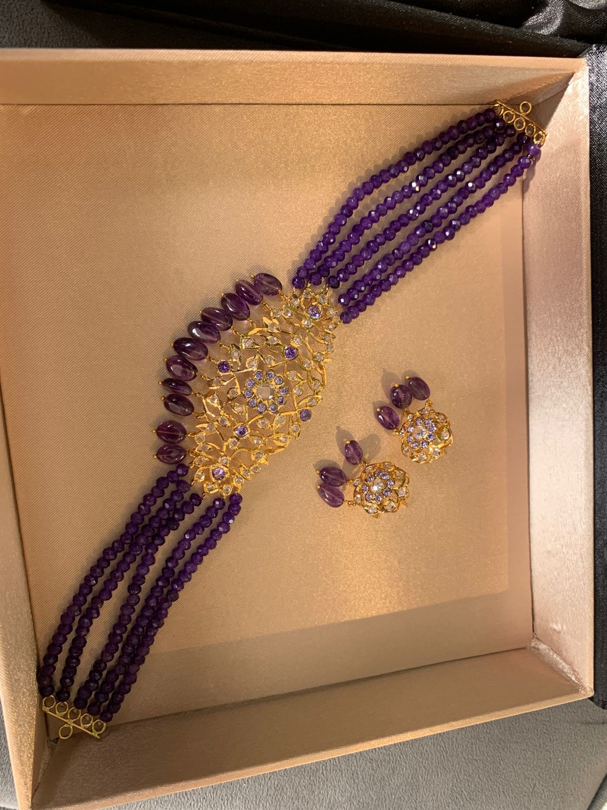 Royal Purple Beaded Kundan Choker Necklace Set with Earrings