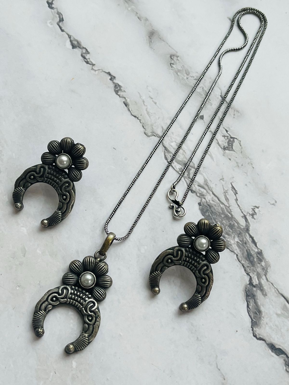 Antique Floral Crescent Pendant Necklace Set with Matching Earrings