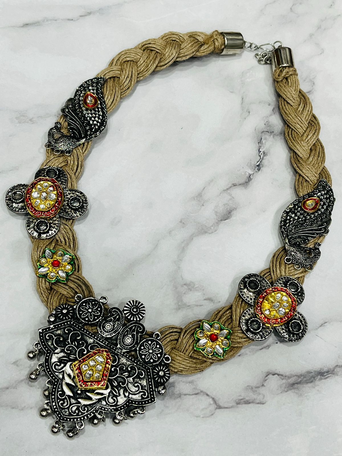 Ethnic Oxidized Silver Statement Necklace with Braided Jute Dori & Colorful Enamel Accents