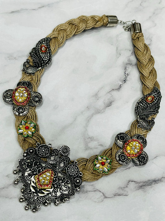 Ethnic Oxidized Silver Statement Necklace with Braided Jute Dori & Colorful Enamel Accents