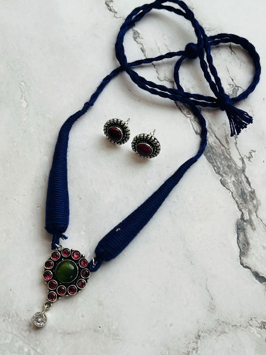 Handcrafted Blue Thread Necklace Set with Green & Maroon Stone Pendant