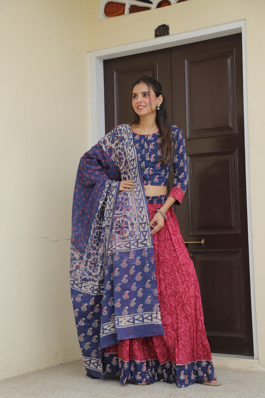 Indigo and Pink Mix & Match Hand Block Printed Cotton Lehenga Set