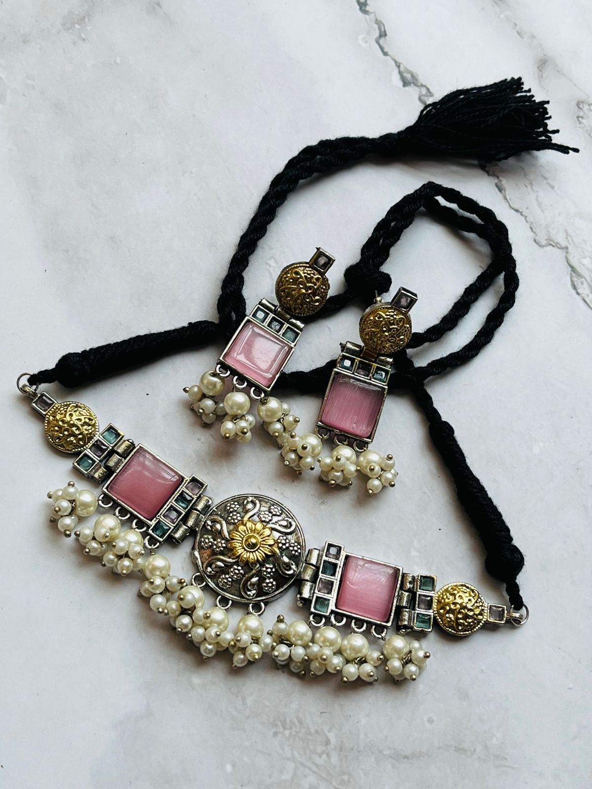 Handcrafted Pink Kundan Choker Set with Pearl Drops
