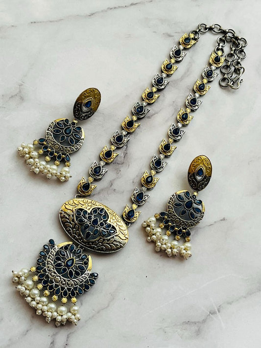 Antique Blue Enamel Necklace Set with Pearl Drops
