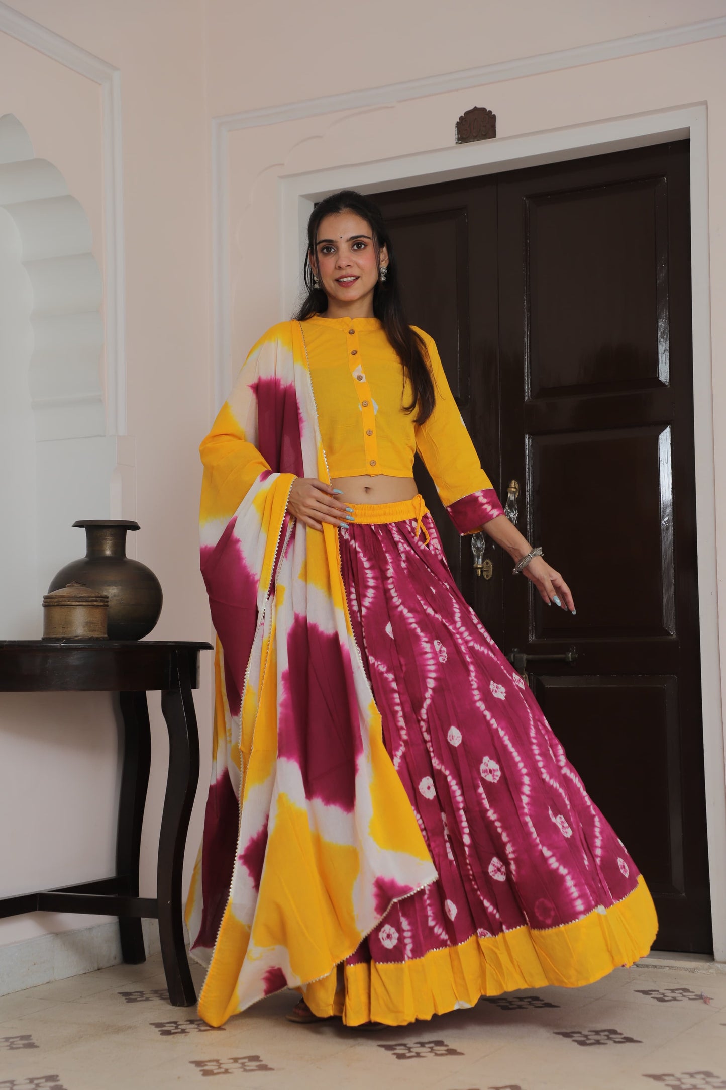 Yellow and Magenta Tie-Dye Bandhani Cotton Lehenga Set with Gota Patti Dupatta