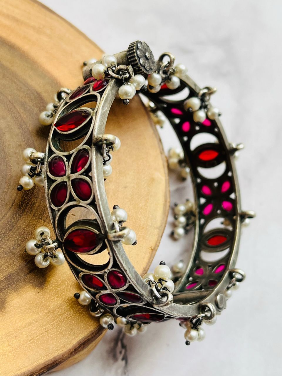 Mirror Work Oxidized Ghungroo Bangle – Red Ethnic Elegance