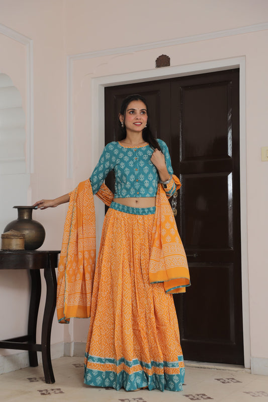 Teal Blue and Mustard Orange Hand Block Printed Cotton Lehenga Set with Gota Patti Detail