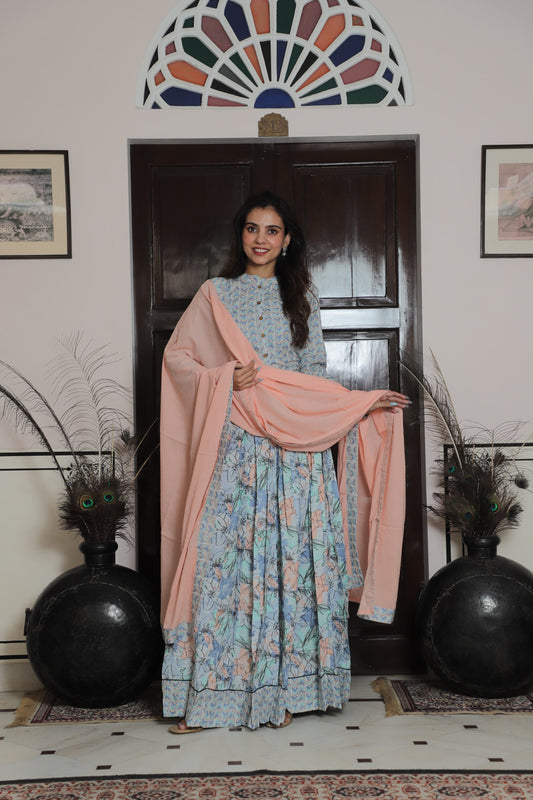 Pastel Blue and Peach Floral Print Cotton Anarkali Gown with Geometric Yoke and Solid Dupatta