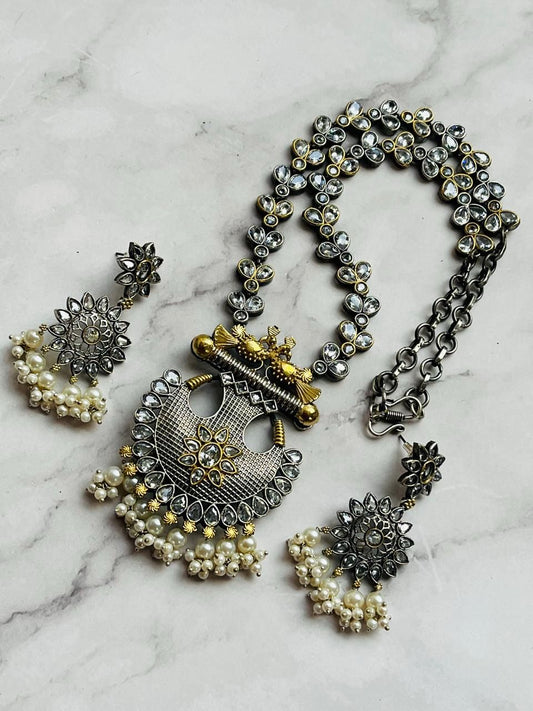 Mirror Work Oxidized Pendant Necklace Set with Pearl Drops – Traditional Antique Finish