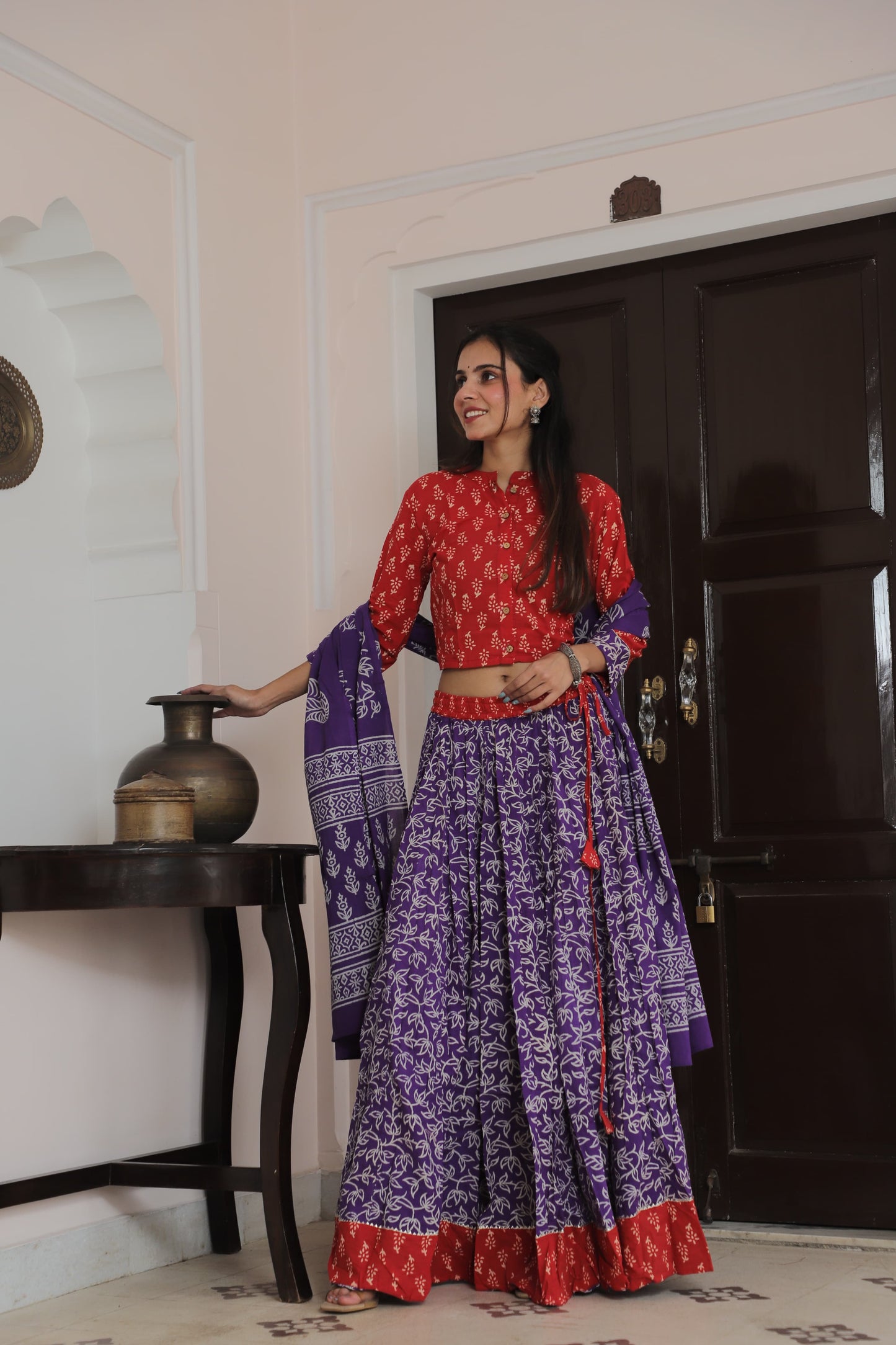 Red and Purple Contrasting Hand Block Print Cotton Lehenga Set