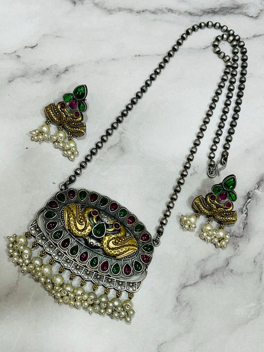 Antique Peacock Pendant Necklace Set with Green & Ruby Stones – Pearl Fringe Design