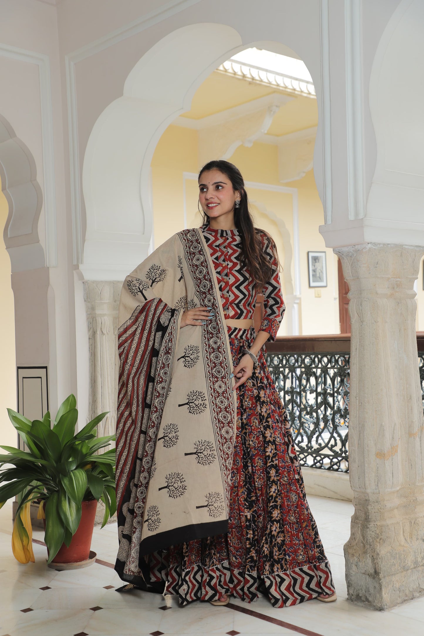 Red & Black Bagru Hand Block Printed Cotton Lehenga Choli with Tree Motif Dupatta