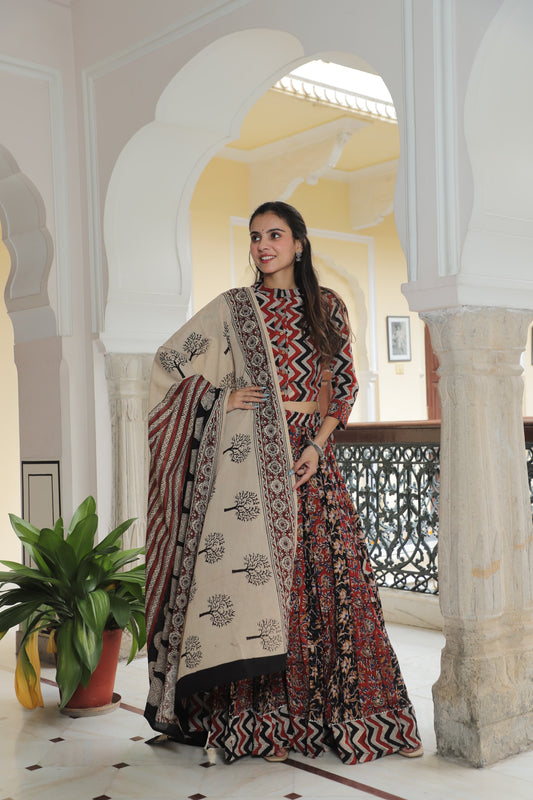 Red & Black Bagru Hand Block Printed Cotton Lehenga Choli with Tree Motif Dupatta