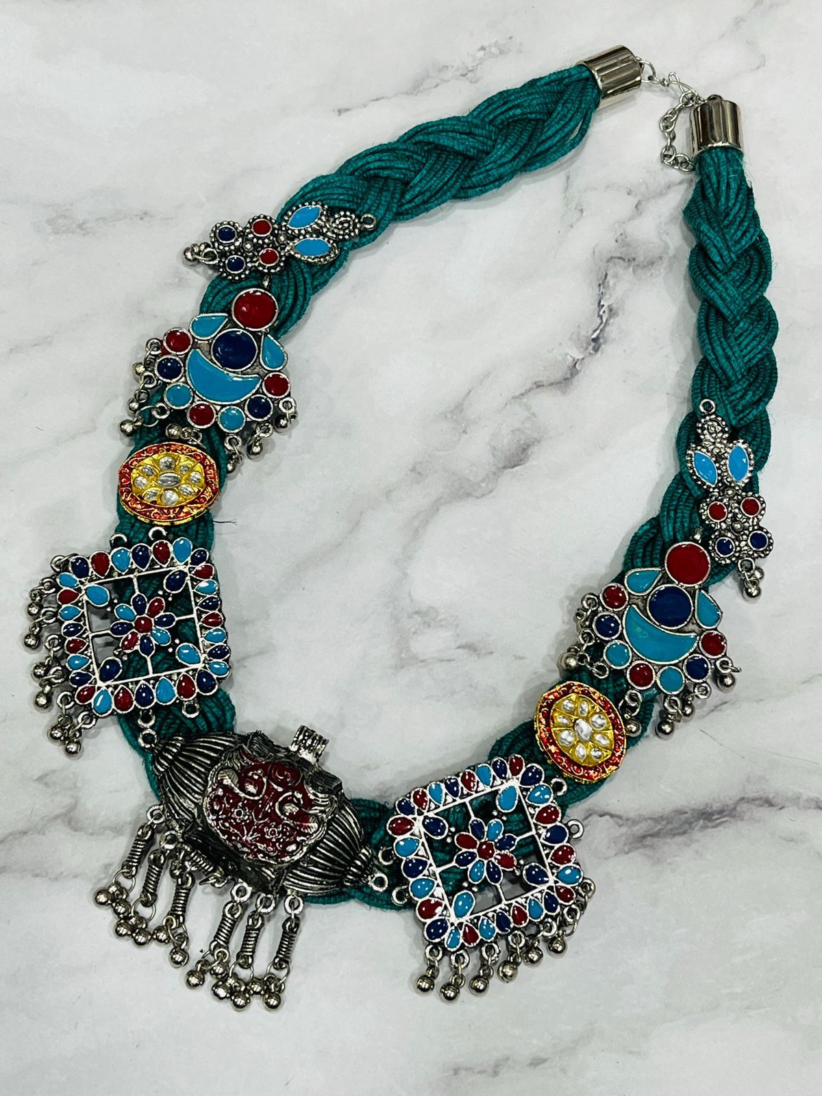 Tribal Oxidized Silver Necklace with Braided Teal Dori and Multicolor Stonework